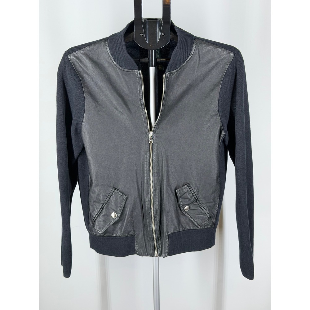 Lauren Ralph Lauren Womens Black Leather Front Knit Bomber Jacket Size L